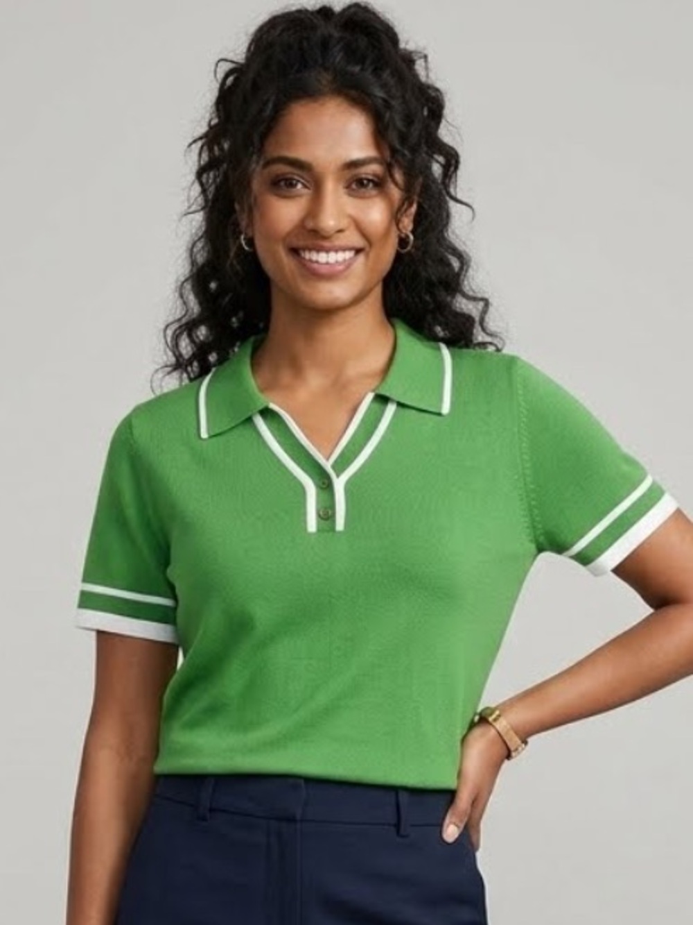 Christopher & Banks Green Polo Knit Top with White Trim